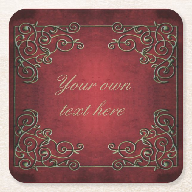 Ornate Antique Red and Gold Custom Text Square Paper Coaster (Front)