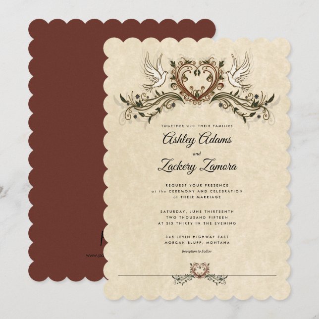 Ornate Art Deco 2 Doves/heart Wedding Invitation (Front/Back)