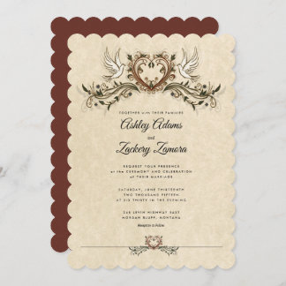 Ornate Art Deco 2 Doves/heart Wedding Invitation