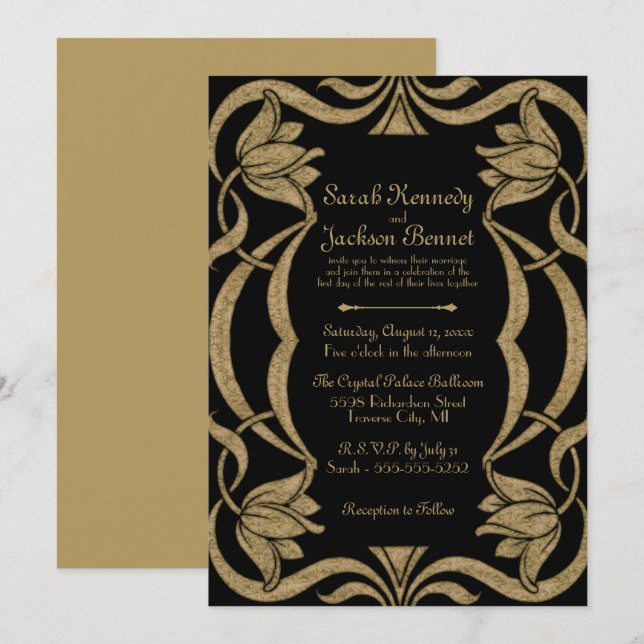 Ornate Art Nouveau Black and Gold Elegant Wedding Invitation (Front/Back)