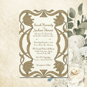 Ornate Art Nouveau Ivory and Gold Elegant Wedding Invitation
