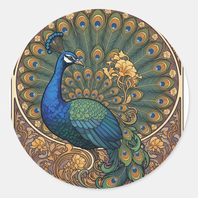 Ornate Art Nouveau Peacock Classic Round Sticker (Front)