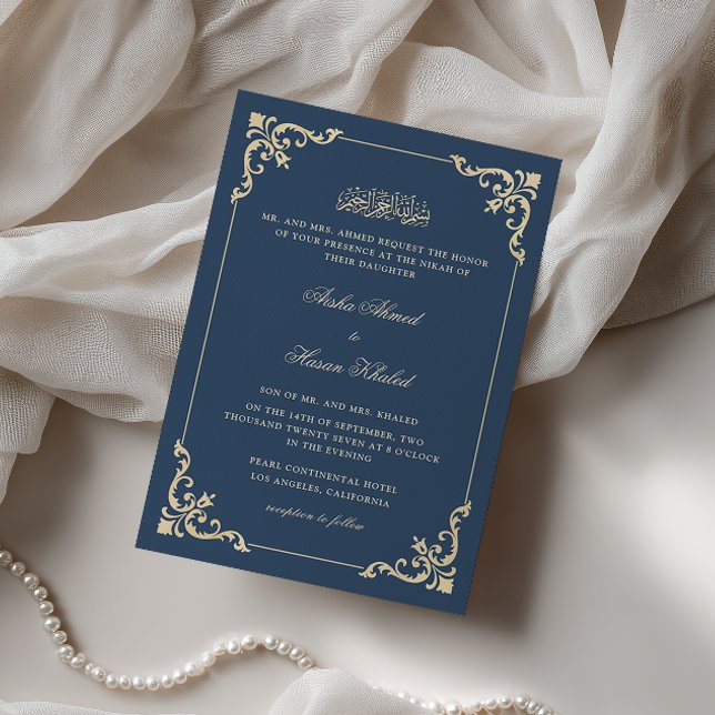 Ornate Baroque Frame Navy Blue Nikah Ceremony Invitation (Creator Uploaded)