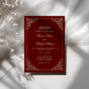 Ornate Baroque Gold Frame Burgundy Muslim Wedding Invitation