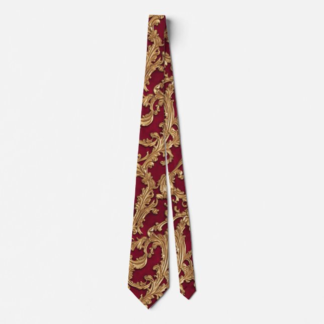 Ornate Baroque Golden Floral Damask Red Velvet Tie (Front)