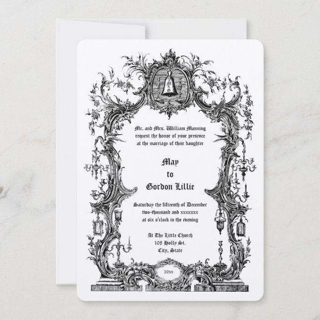 Ornate Baroque Rococo Style Frame & Wedding Bell Invitation (Front)