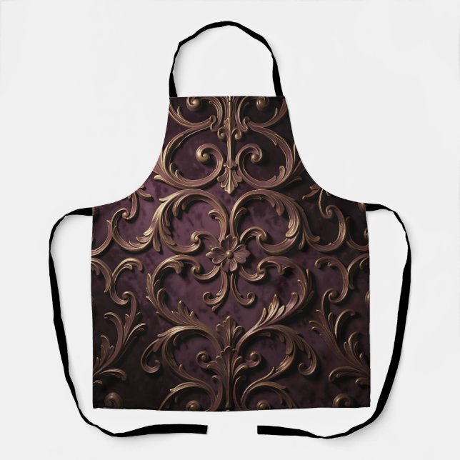 Ornate Baroque Scroll Pattern Deep Purple Gold Apron (Front)