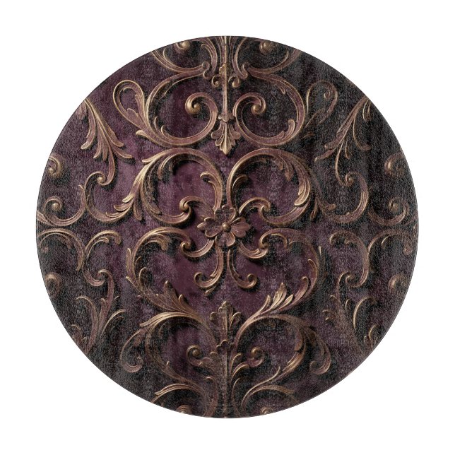 Ornate Baroque Scroll Pattern Deep Purple Gold Cutting Board (Front)