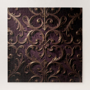 Ornate Baroque Scroll Pattern Deep Purple Gold Jigsaw Puzzle