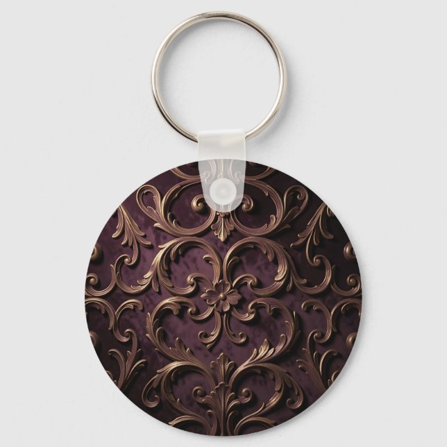 Ornate Baroque Scroll Pattern Deep Purple Gold Key Ring (Front)