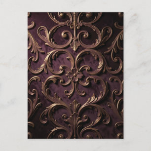 Ornate Baroque Scroll Pattern Deep Purple Gold Postcard
