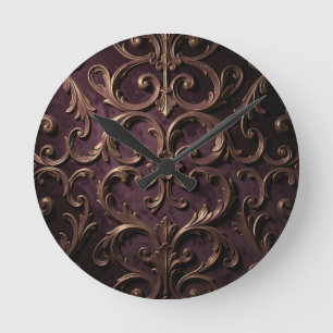 Ornate Baroque Scroll Pattern Deep Purple Gold Round Clock