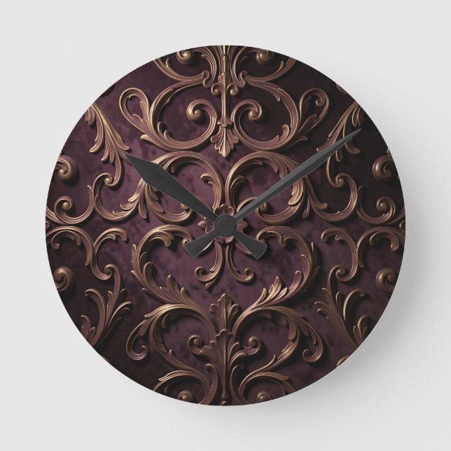 Ornate Baroque Scroll Pattern Deep Purple Gold Round Clock (Front)