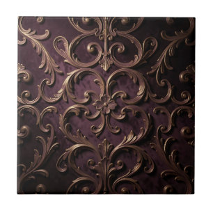 Ornate Baroque Scroll Pattern Deep Purple Gold Tile