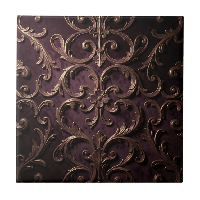 Ornate Baroque Scroll Pattern Deep Purple Gold Tile (Front)