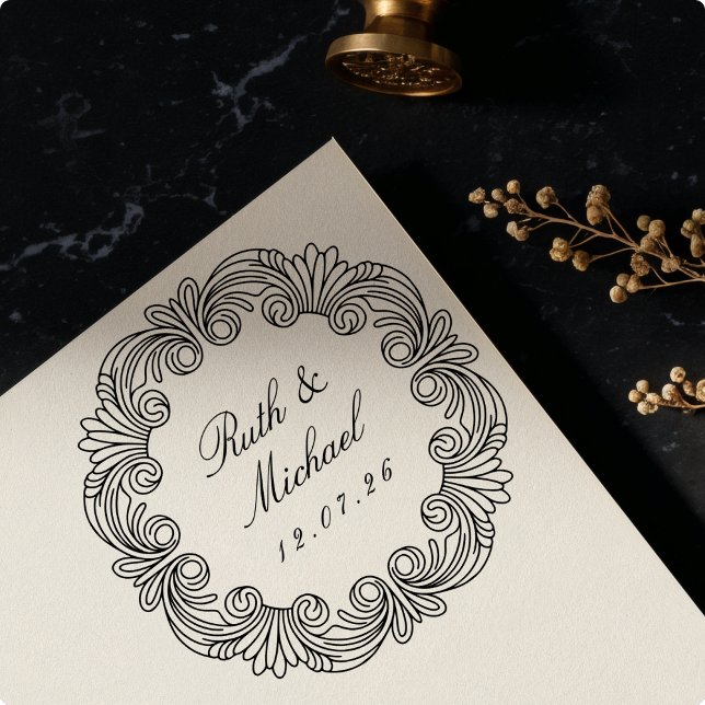 Ornate Baroque Scrollwork Wooden Wedding Name Date Rubber Stamp (Creator Uploaded)
