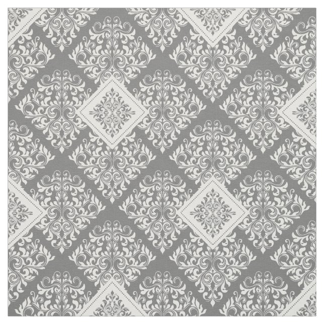 ornate baroque white grey Damask Fabric (Swatch)