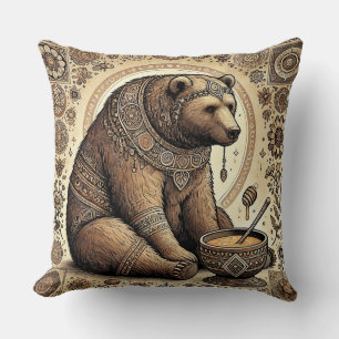 Ornate Bear Surrounded by Mandala and Honey Cushion