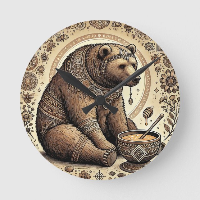 Ornate Bear Surrounded by Mandala and Honey  Round Clock (Front)