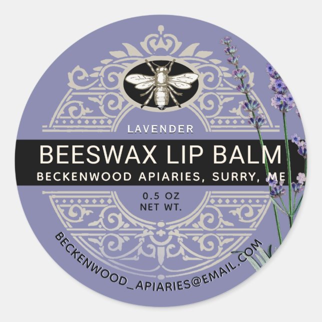 Ornate Beeswax Lip Balm Heraldic Bee Lavender Classic Round Sticker (Front)