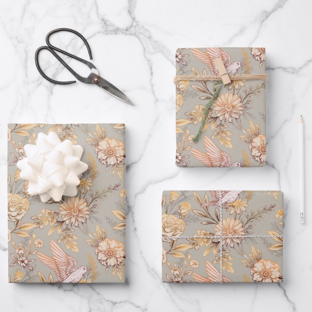 Ornate Bird Floral Pattern Wrapping Paper Sheet (Front)