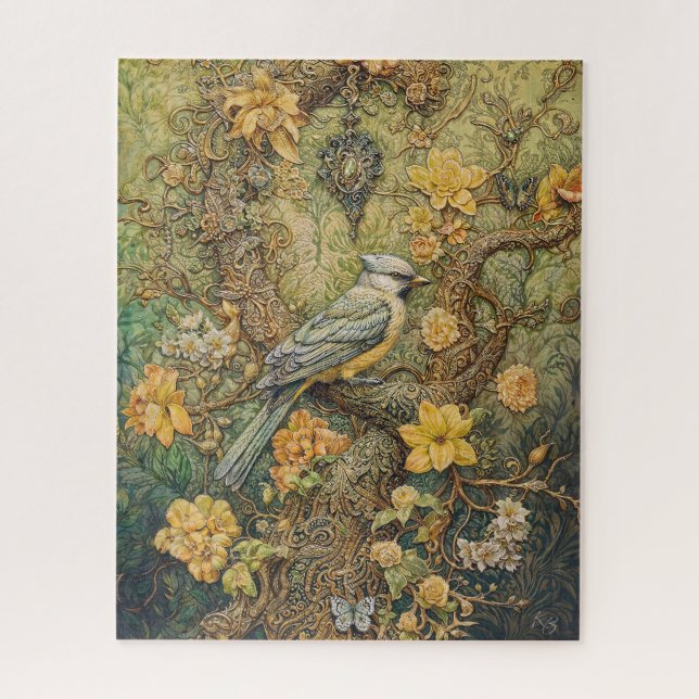 Ornate bird with golden floral and victorian deco jigsaw puzzle (Vertical)