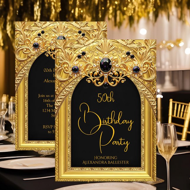 Ornate Birthday Party Black Gold Lace Diamonds Gem Invitation (Creator Uploaded)