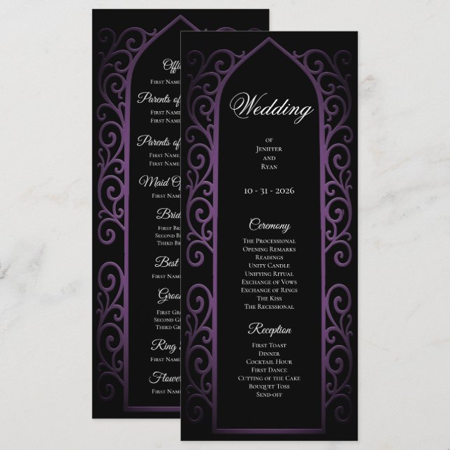 Ornate black and purple Gothic Wedding Program Menu (Front/Back)