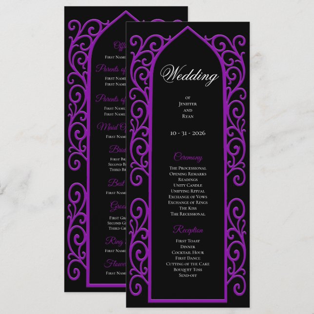 Ornate black and purple Gothic Wedding Program Menu (Front/Back)