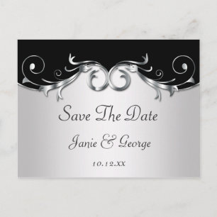 Ornate Black and Silver Swirls Save The Date Announcement Postcard