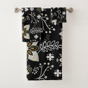 Ornate black and white floral pattern  bath towel set