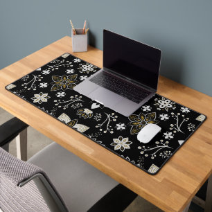 Ornate black and white floral pattern desk mat