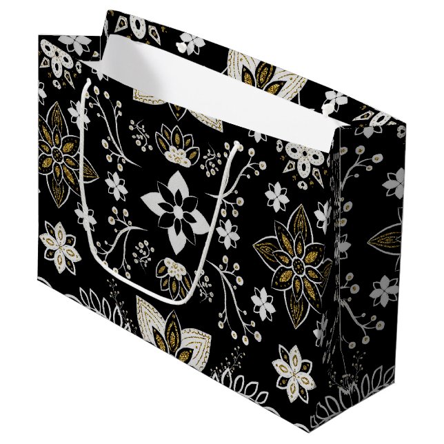 Ornate black and white floral pattern  large gift bag (Front Angled)