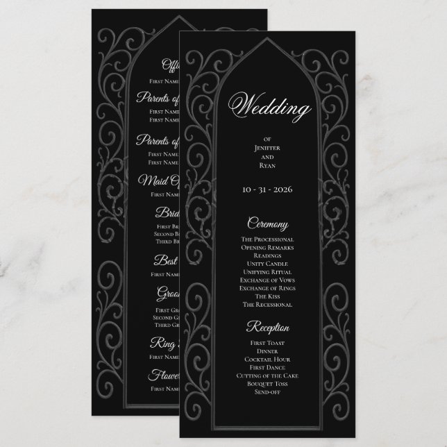 Ornate black and white Gothic Wedding Program Menu (Front/Back)