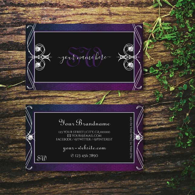 Ornate Black Blue Purple Sparkle Diamonds Monogram Business Card (Creator Uploaded)