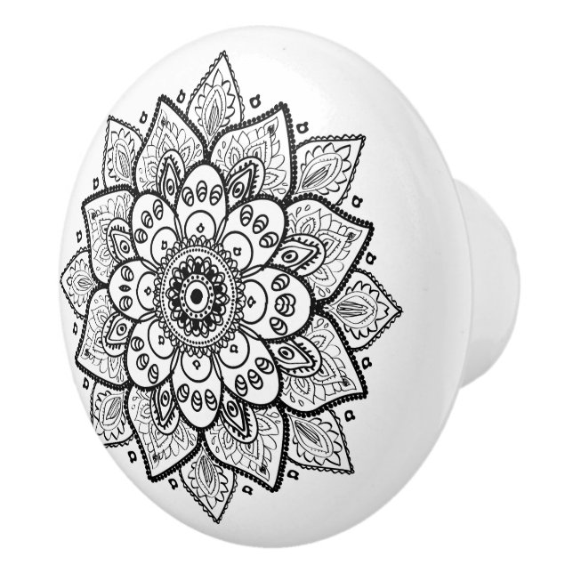 Ornate Black Floral Mandala Ceramic Knob (Right)