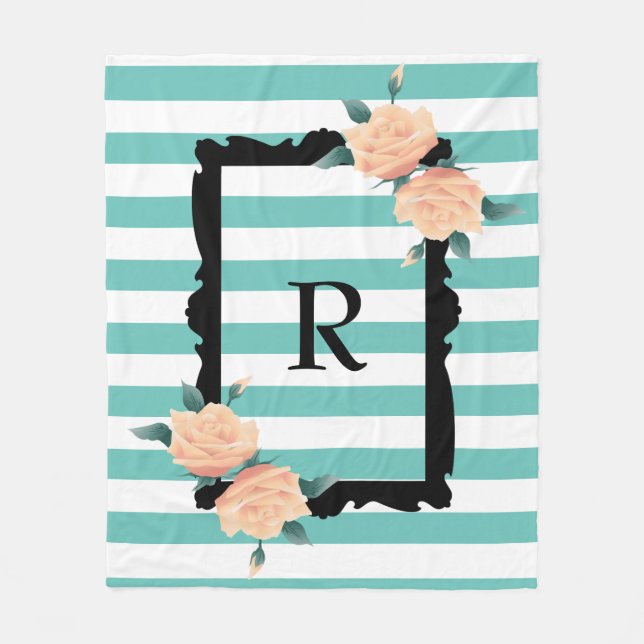 Ornate Black Frame and Pink Roses Monogram Fleece Blanket (Front)