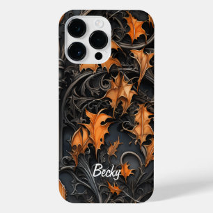 ORNATE BLACK SWIRLS WITH ORANGE FALL LEAVES iPhone 14 PRO MAX CASE