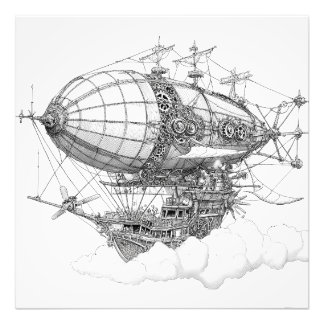 Ornate Black White Steampunk Zeppelin Drawing Photo Print