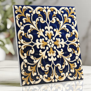 Ornate Blue and Gold Scrollwork Tile