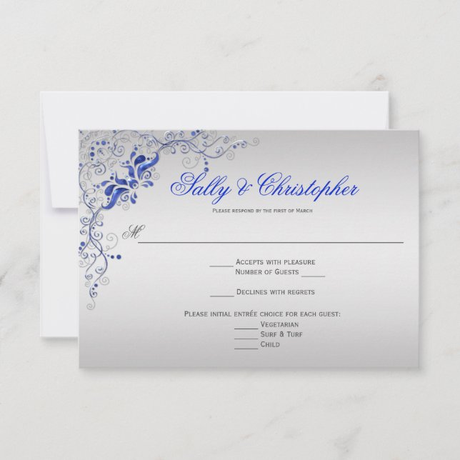 Ornate Blue and Silver floral Swirls RSVP (Front)