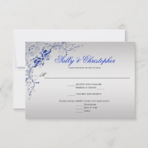 Ornate Blue and Silver floral Swirls RSVP Card