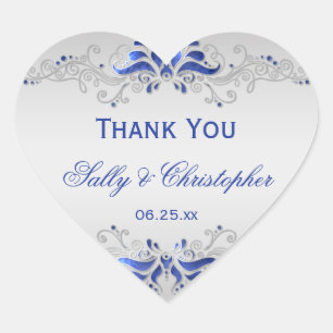 Ornate Blue and Silver Swirls Heart Wedding Favour Heart Sticker