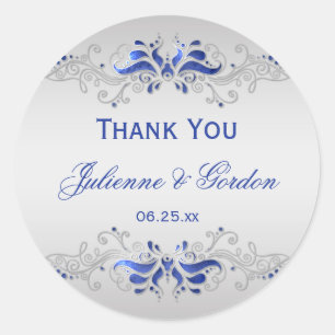Ornate Blue and Silver Swirls Round Wedding Favour Classic Round Sticker