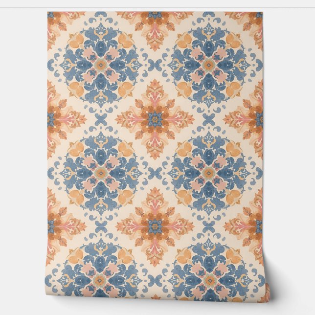 Ornate Blue and Terracotta Tile Pattern Wallpaper (Unrolling)