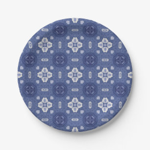 Ornate blue and white floral tile pattern  paper plate