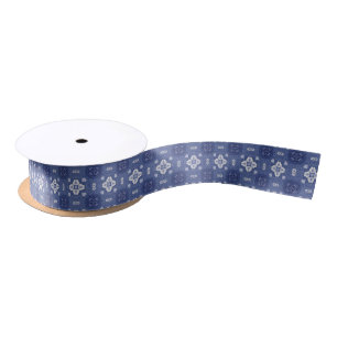 Ornate blue and white floral tile pattern  satin ribbon