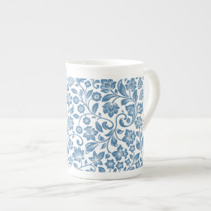Ornate Blue and White Floral Vines Pattern Bone China Mug