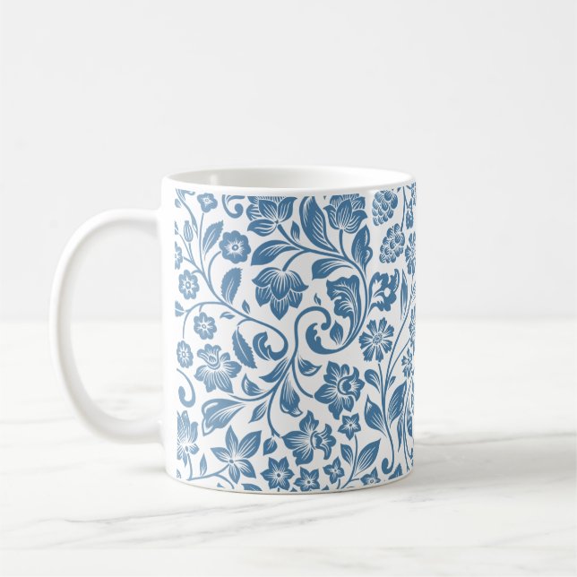 Ornate Blue and White Floral Vines Pattern Coffee Mug (Left)