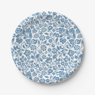 Ornate Blue and White Floral Vines Pattern Paper Plate